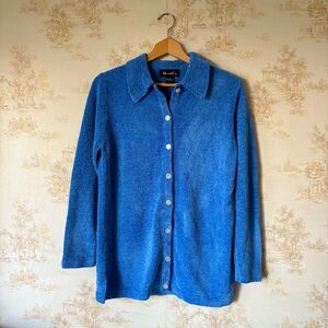 Vintage 90s Denim & Co. blue chenille collared button down cardigan sweater top